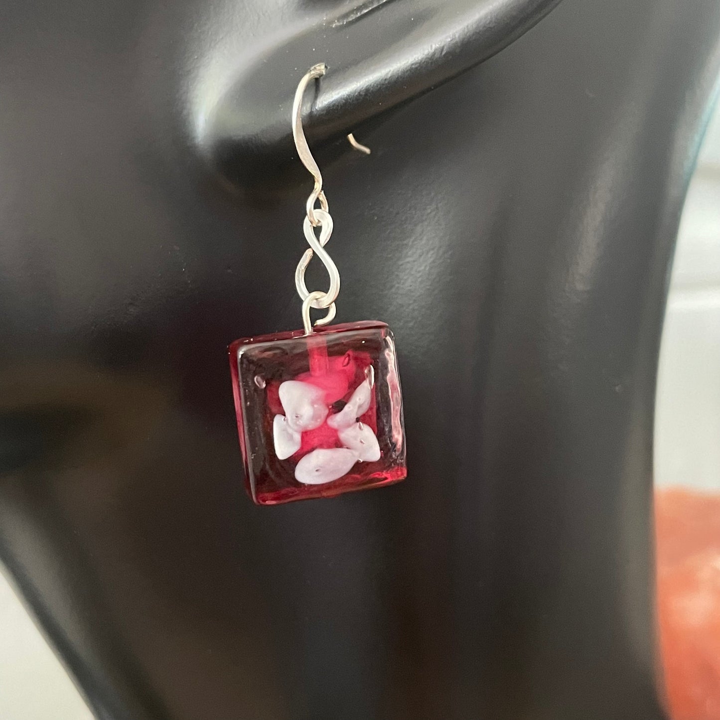 Square Glass Abstract Flower Earrings 1.5" Red Purple White Spring Summer Boho