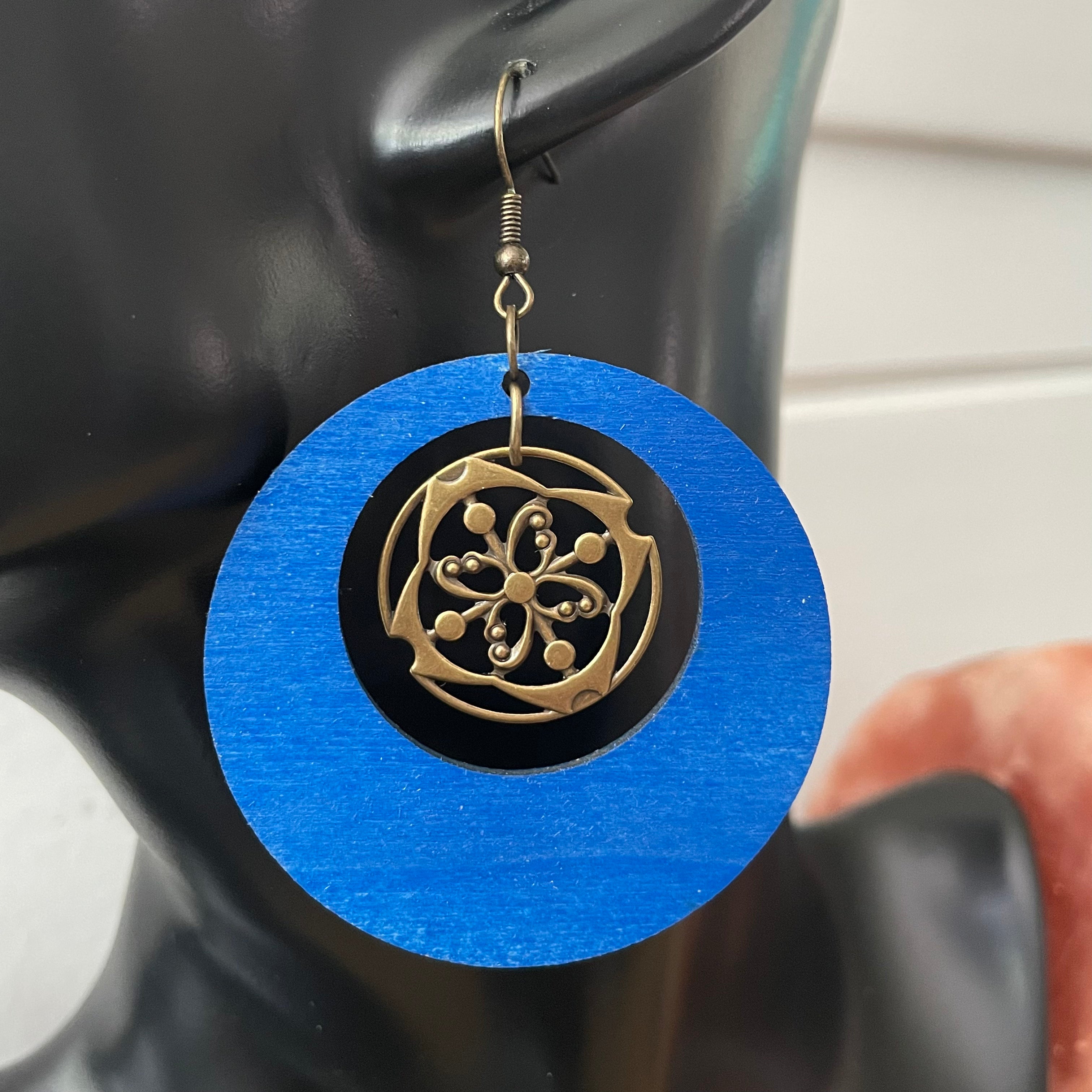 Cobalt Blue Wood Hoop & Thin Stamped Brass Earrings 3" Hand Stained Geometric Drama Statement Bold Lightweight