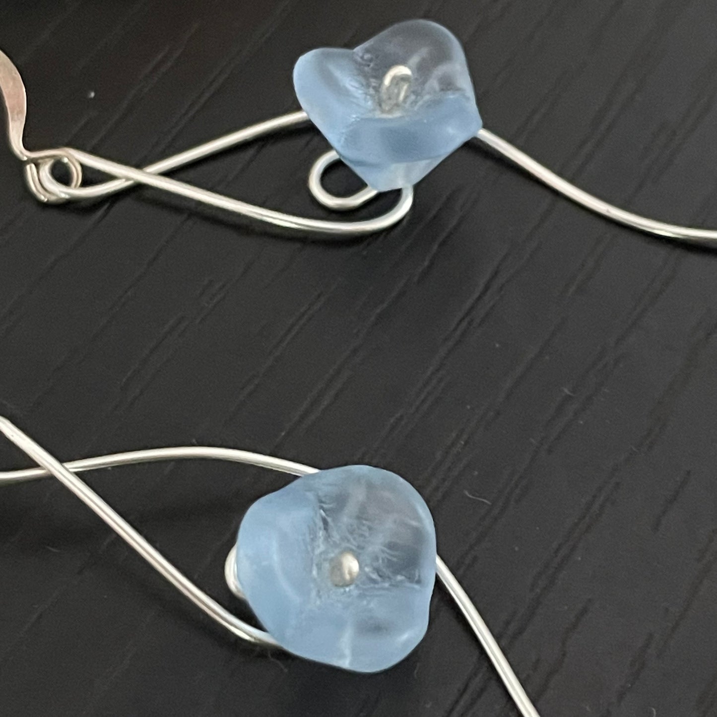 Long Pastel Blue Czech Glass Flower & Hand Curved Wire Dangle Earrings 3.5" Romantic Floral Handmade