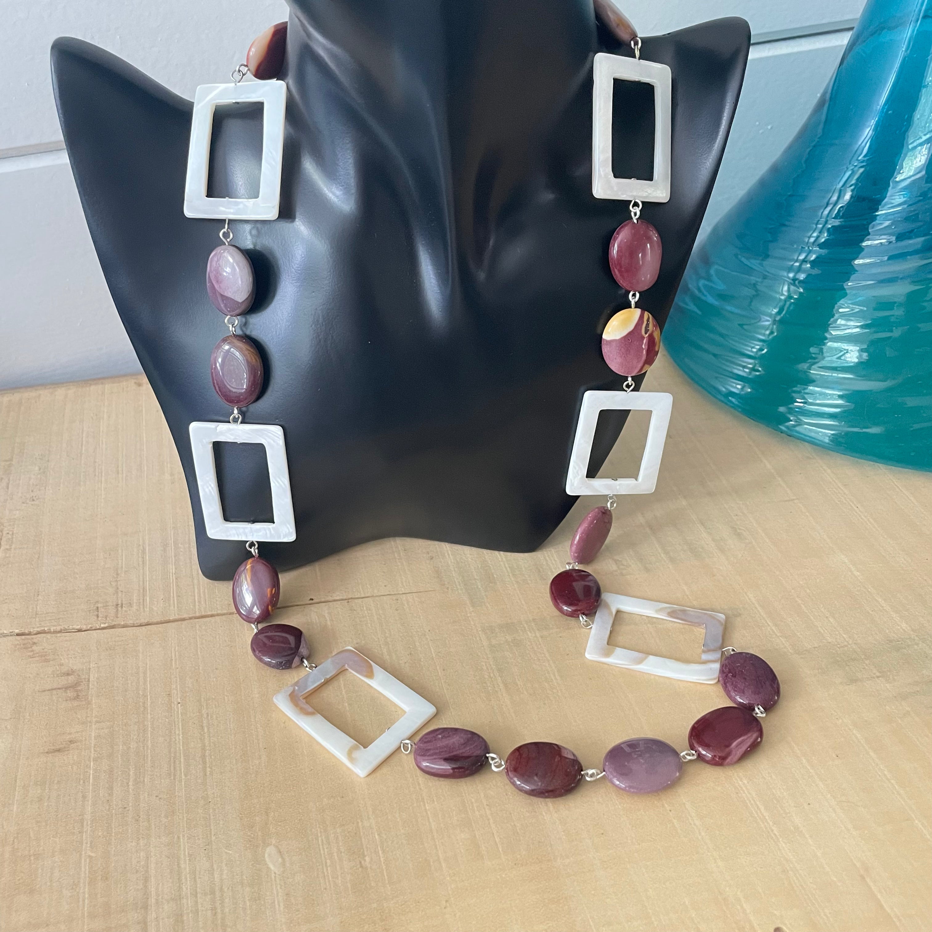 Marbled Moukaite Jasper & Iridescent Shell Necklace 29" Geometric Multicolor Mauve Cream Ivory Hand Crafted