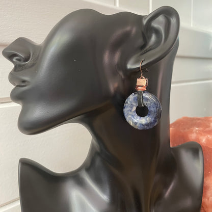 Sodalite Leather & Copper Statement Earrings 2" Blue Black Bold Geometric Women Gift Everyday Fashion Handmade Jewelry
