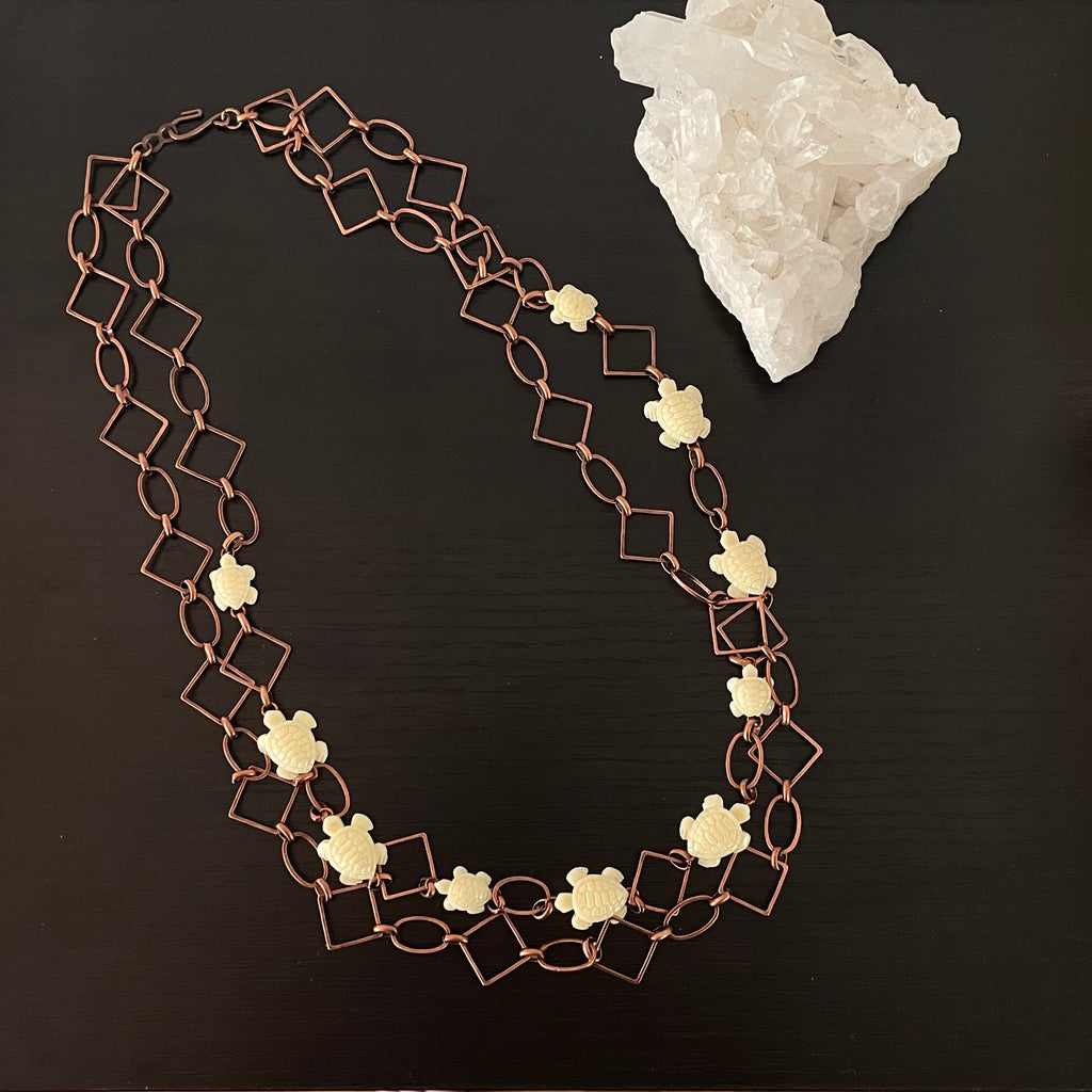 Layered Geometric Copper Chain & Ivory Turtle Necklace 27" Coastal Statement Large Link