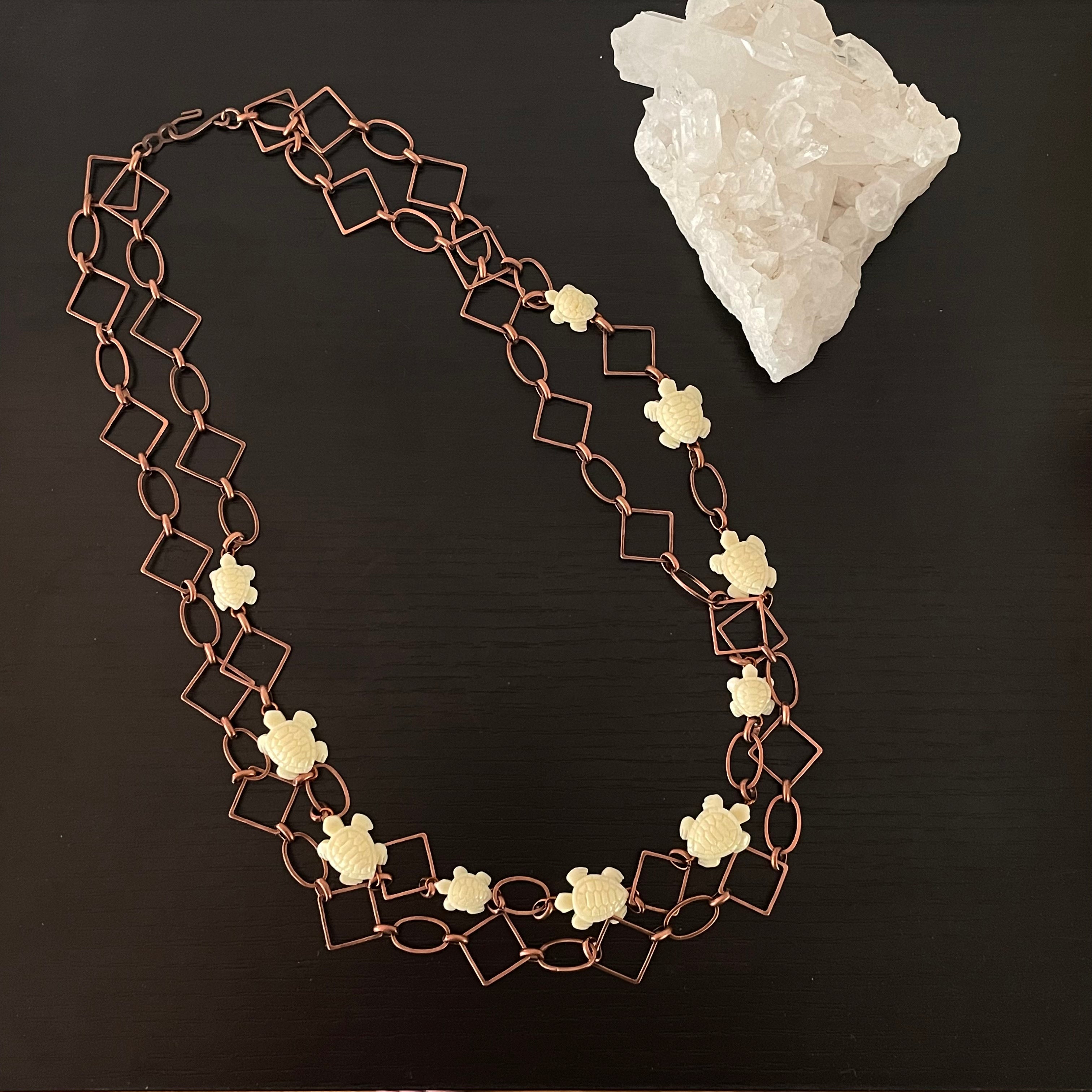Layered Geometric Copper Chain & Ivory Turtle Necklace 27" Coastal Statement Large Link