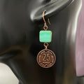 Repurposed French Coin & Blue Green Glass Drop Earrings 2” Copper Geometric Upcycled Women Gift Everyday Fashion Handmade Jewelry