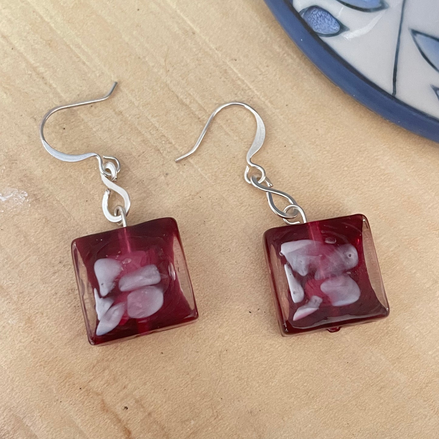Square Glass Abstract Flower Earrings 1.5" Red Purple White Spring Summer Boho