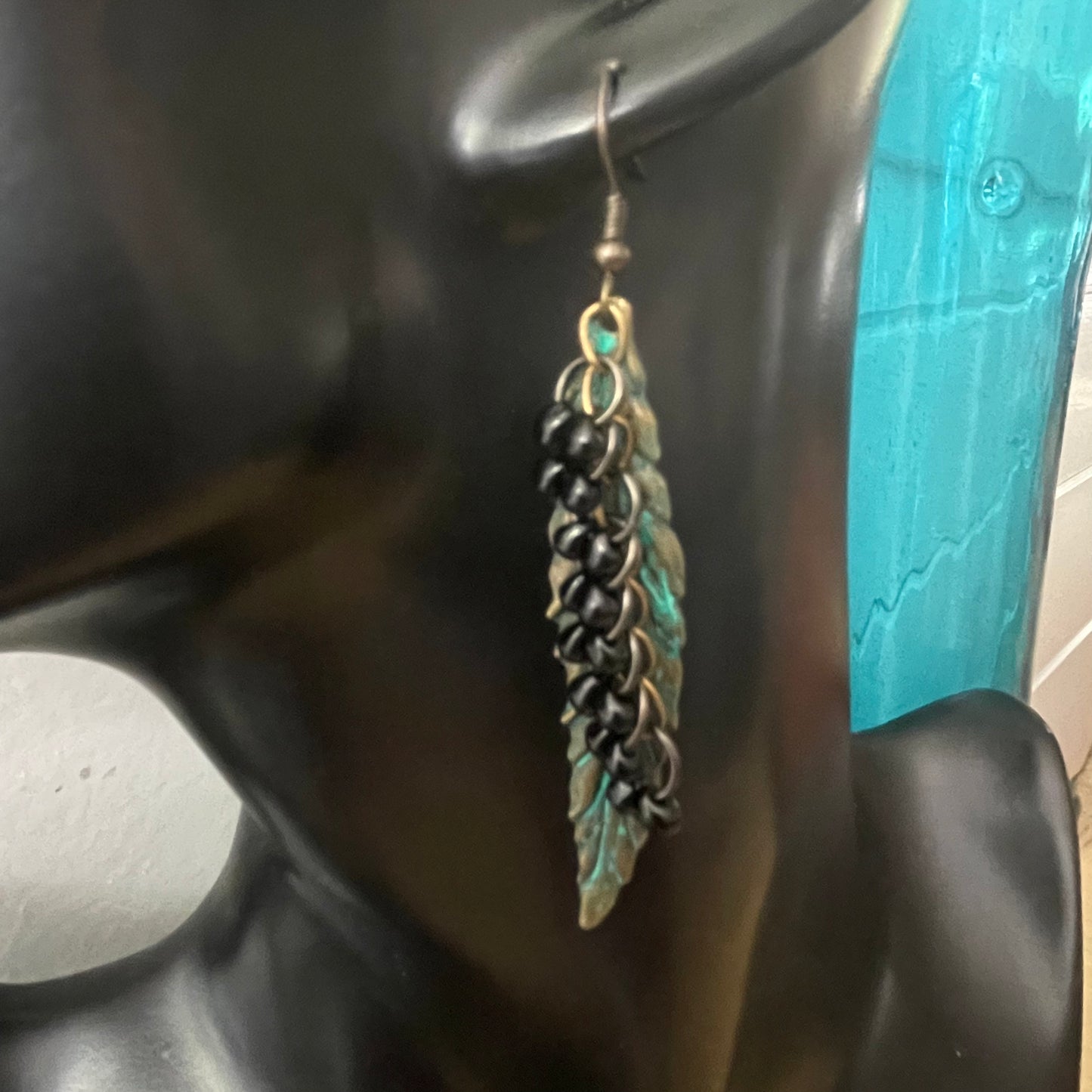 Long Metal Feather & Mini Black Glass Dangling Accent Bead Chain Earrings 2.75" Antiqued Patina Brass Southwestern