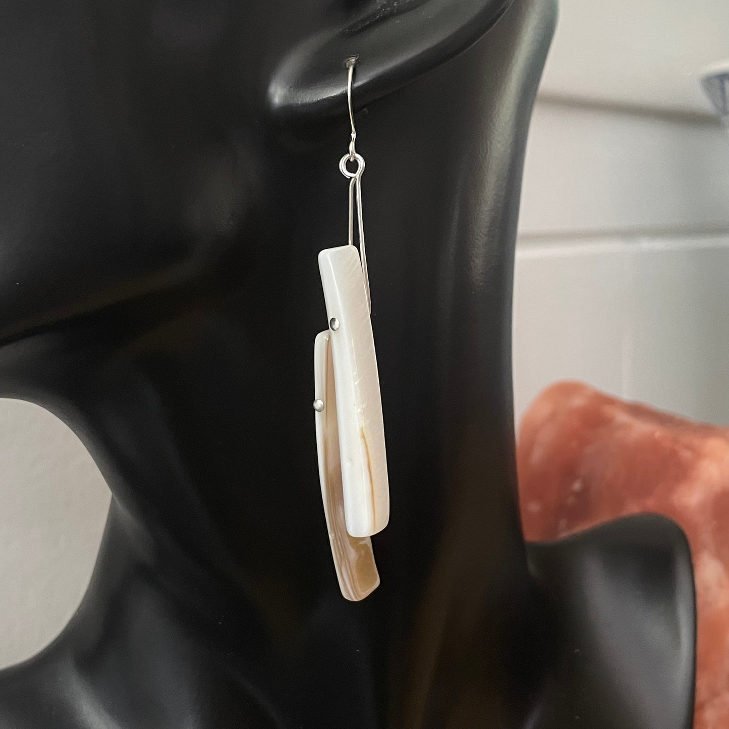 Long Ivory Shell Dangle Earrings 3.25" Iridescent Coastal Beach Resort Cream