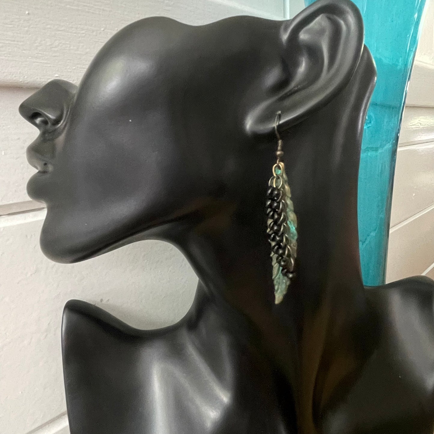 Long Metal Feather & Mini Black Glass Dangling Accent Bead Chain Earrings 2.75" Antiqued Patina Brass Southwestern