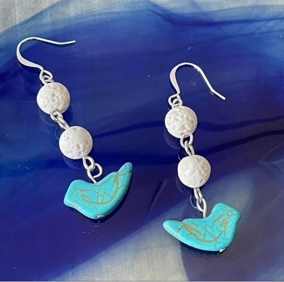 Round Lava Stone & Bird Drop Earrings 2.25” Pastel Blue White Coastal Spring Summer Vacation