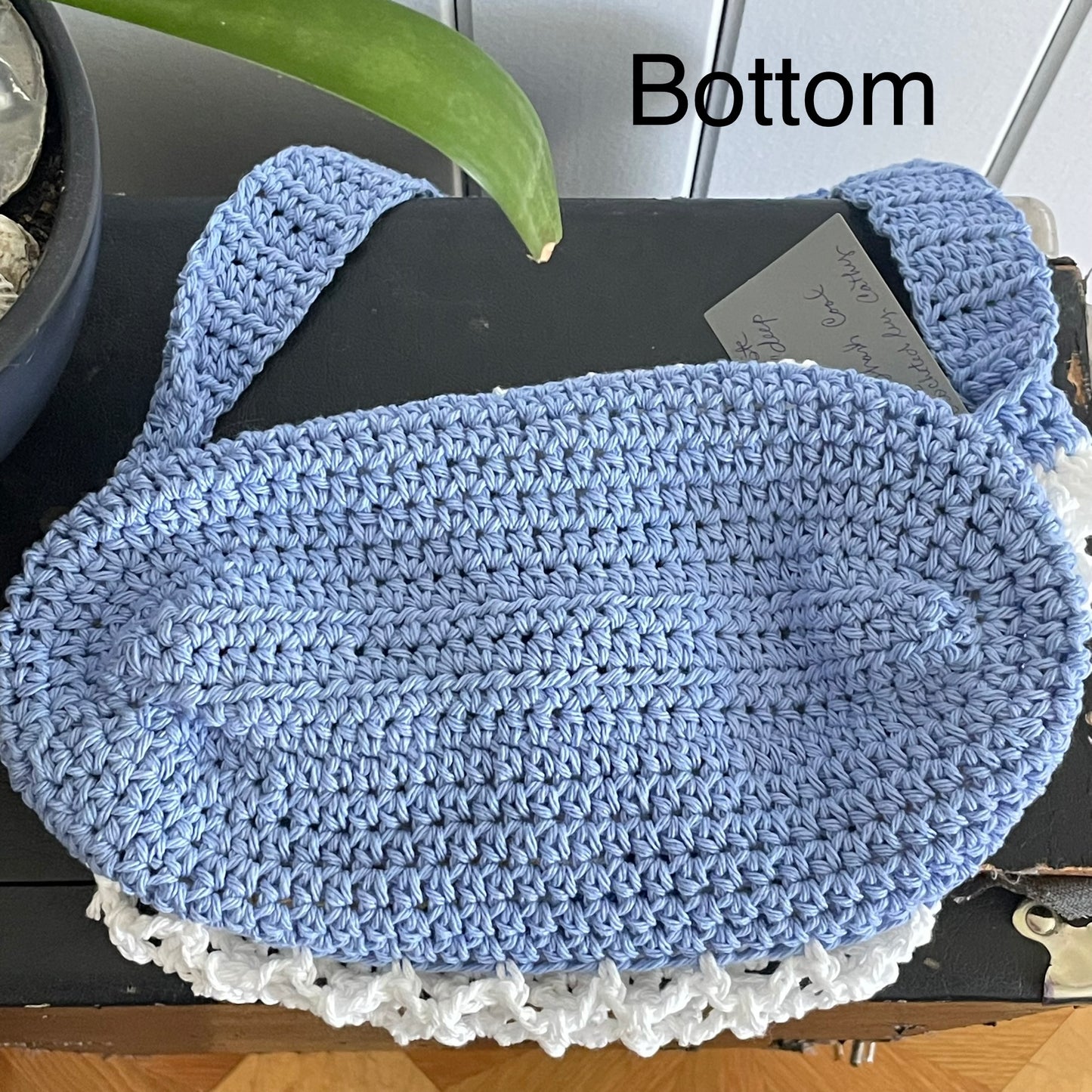 Ocean Vibes Blue White Yellow Tote Bag Purse Cotton Reusable Boho Multicolor Hand Crocheted Knit Coastal Resort