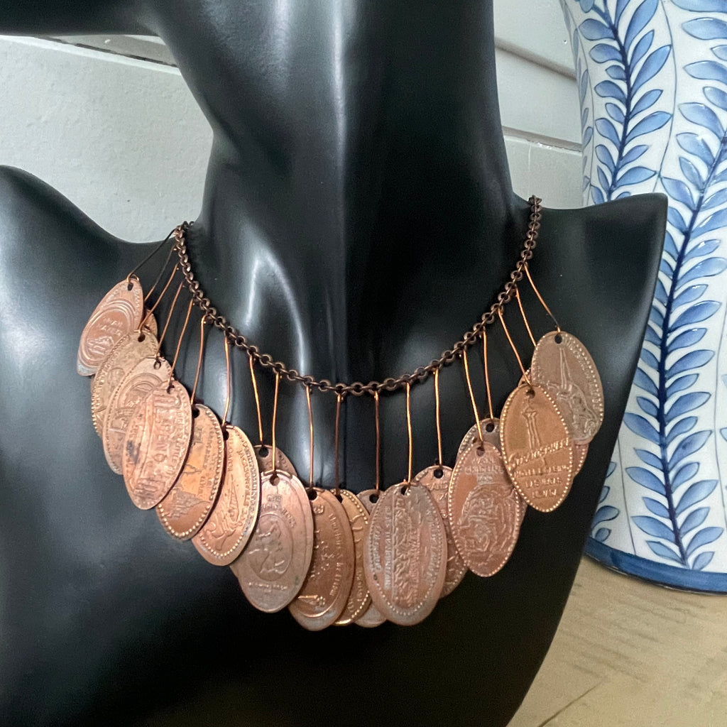 Unique Dangling Flattened Penny Statement Necklace 16.75" Drama Avant Garde Upcycled Industrial