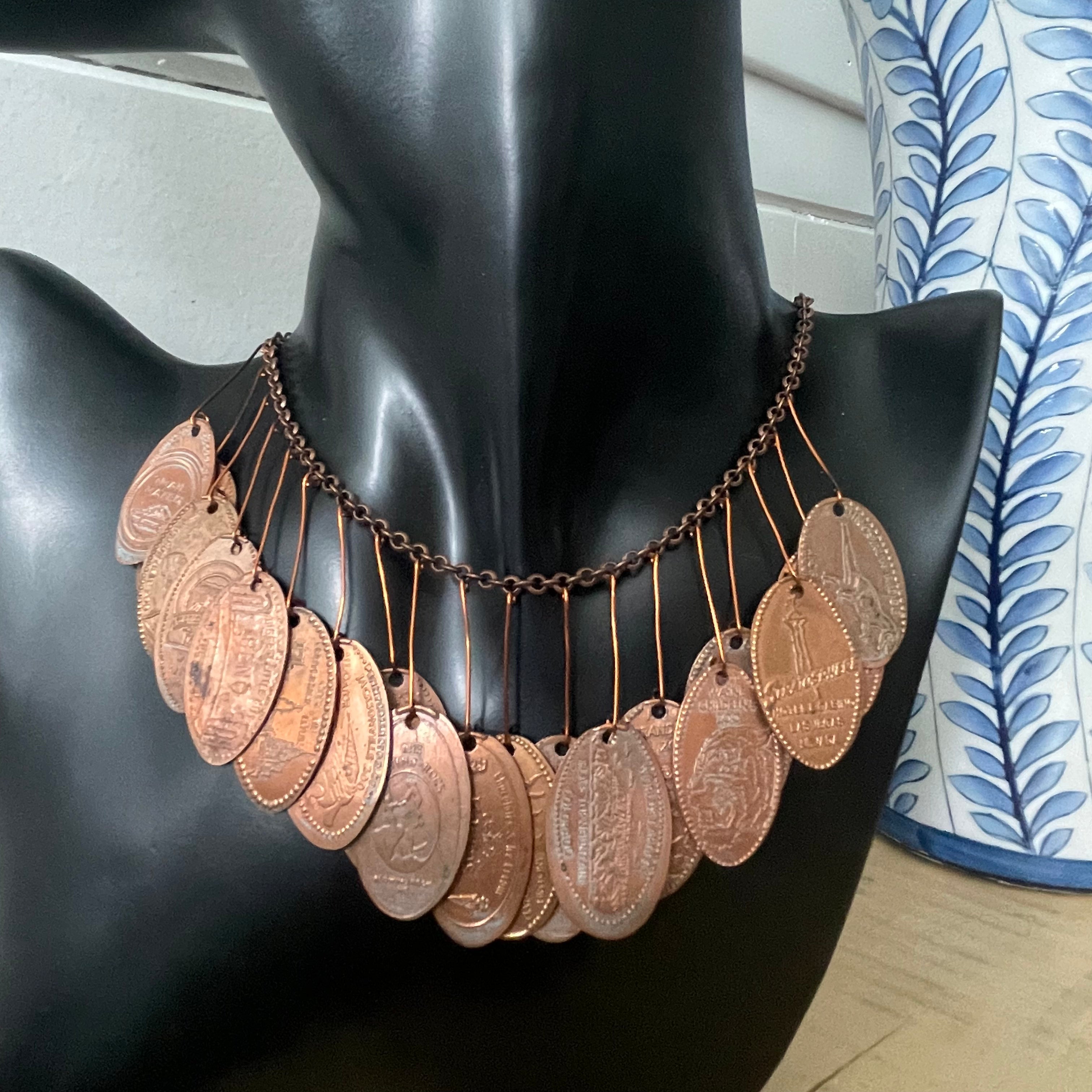 Unique Dangling Flattened Penny Statement Necklace 16.75" Drama Avant Garde Upcycled Industrial