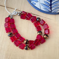 Faceted Metallic Black Glass & Red Glass Layered Bracelet 7"