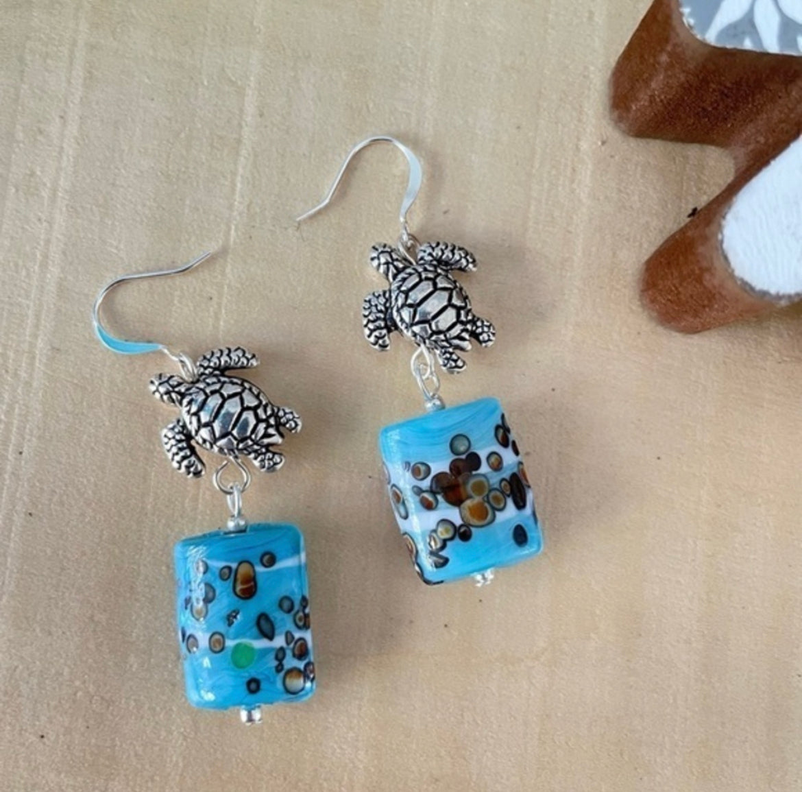 Metal Turtle & Turquoise Blue Painted Glass Statement Drop Earrings 2.25" Ocean Coastal Colorful Sea