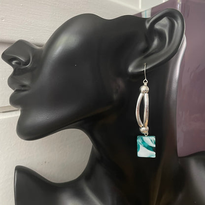 Swirled Turquoise Blue White Glass Bead & Curved Silver Bar Earrings 2.75” Long Geometric