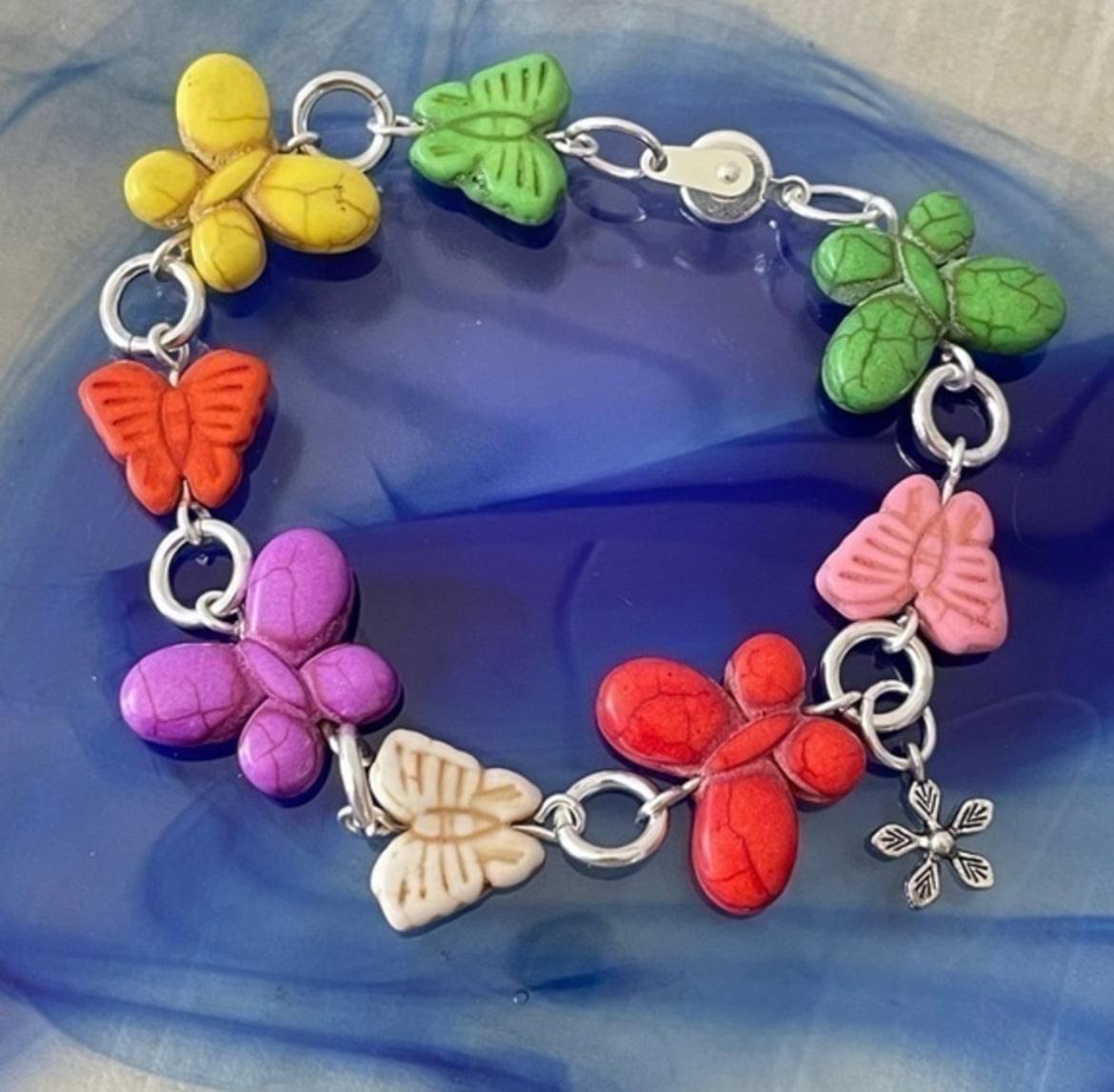 Chunky Multicolored Butterfly Bracelet 8” Spring Summer Pastel Coastal Vacation Colorful Magnesite