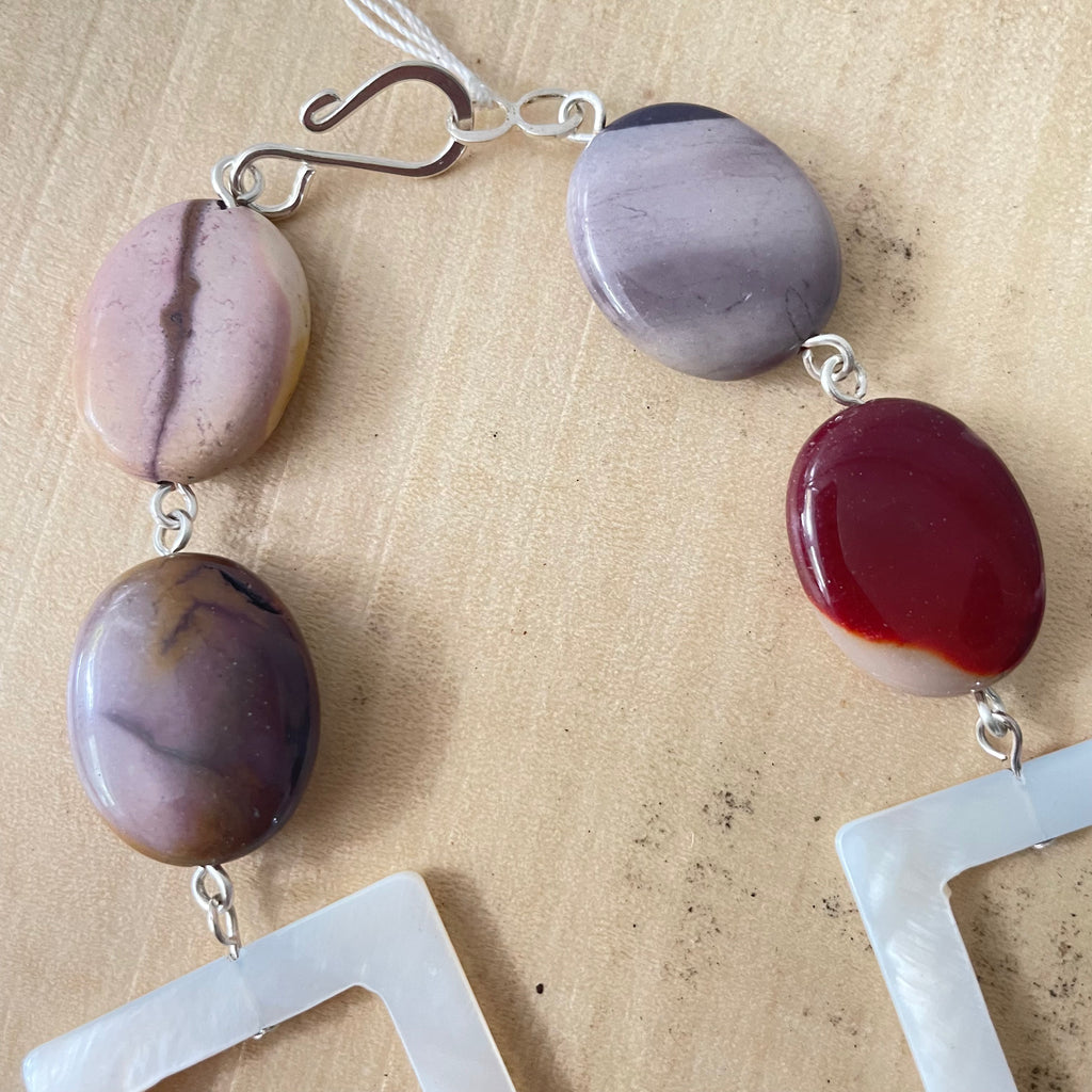 Marbled Moukaite Jasper & Iridescent Shell Necklace 29" Geometric Multicolor Mauve Cream Ivory Hand Crafted