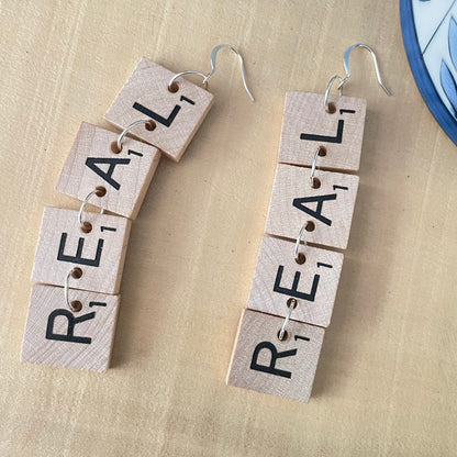 Long REAL Statement Earrings 4" Scrabble Tile Tan Wood Repurposed Upcycled Fun Game OOAK