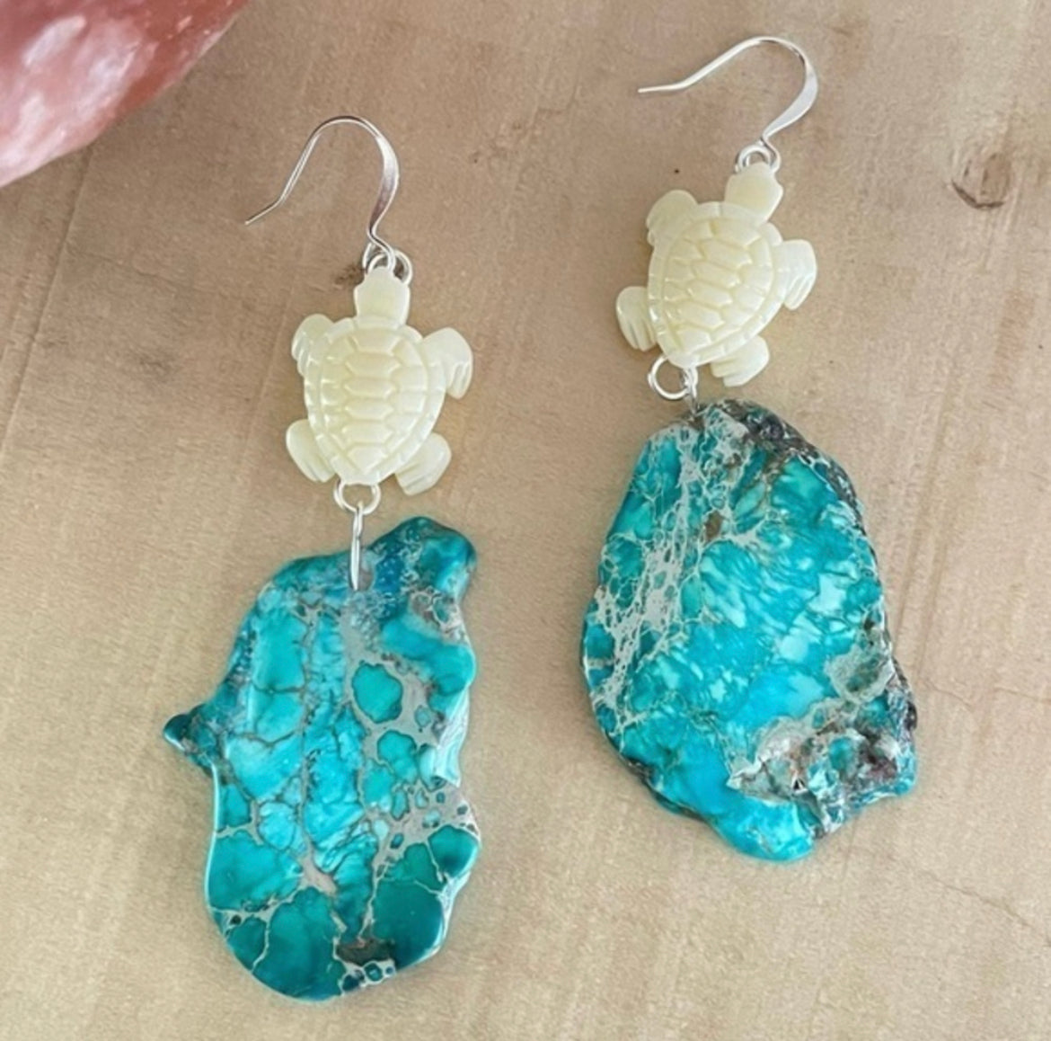 Turtle & Marbled Blue Imperial Jasper Earrings 3" Ivory Acrylic Coastal Western Statement Women Gift Everyday Fashion Handmade Jewelry