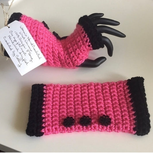 Texting Gaming Wrist Warmers Solid Hot Neon Pink Black Button & Double Trim Accent Crochet Knit Fall Winter Writing Tech Fingerless Gloves Embellished