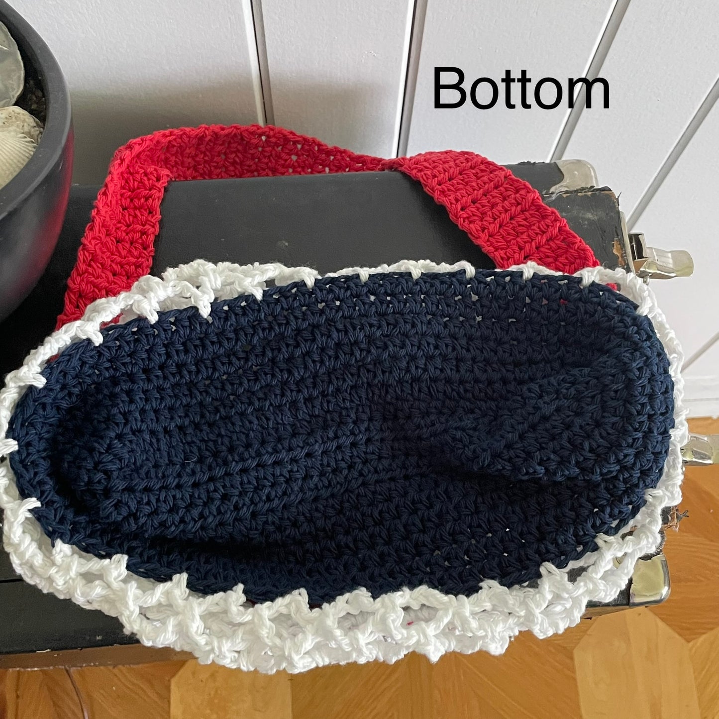 Red White Navy Blue Bottom Tote Bag Purse Cotton Reusable Boho Multicolor Hand Crocheted Knit Coastal Resort Beach