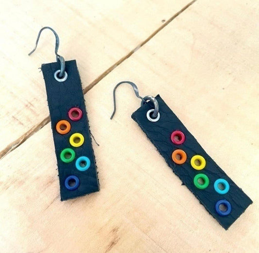 Black Leather Rainbow Pride Earrings 2.5” LGBTQIA+ Ally Geometric