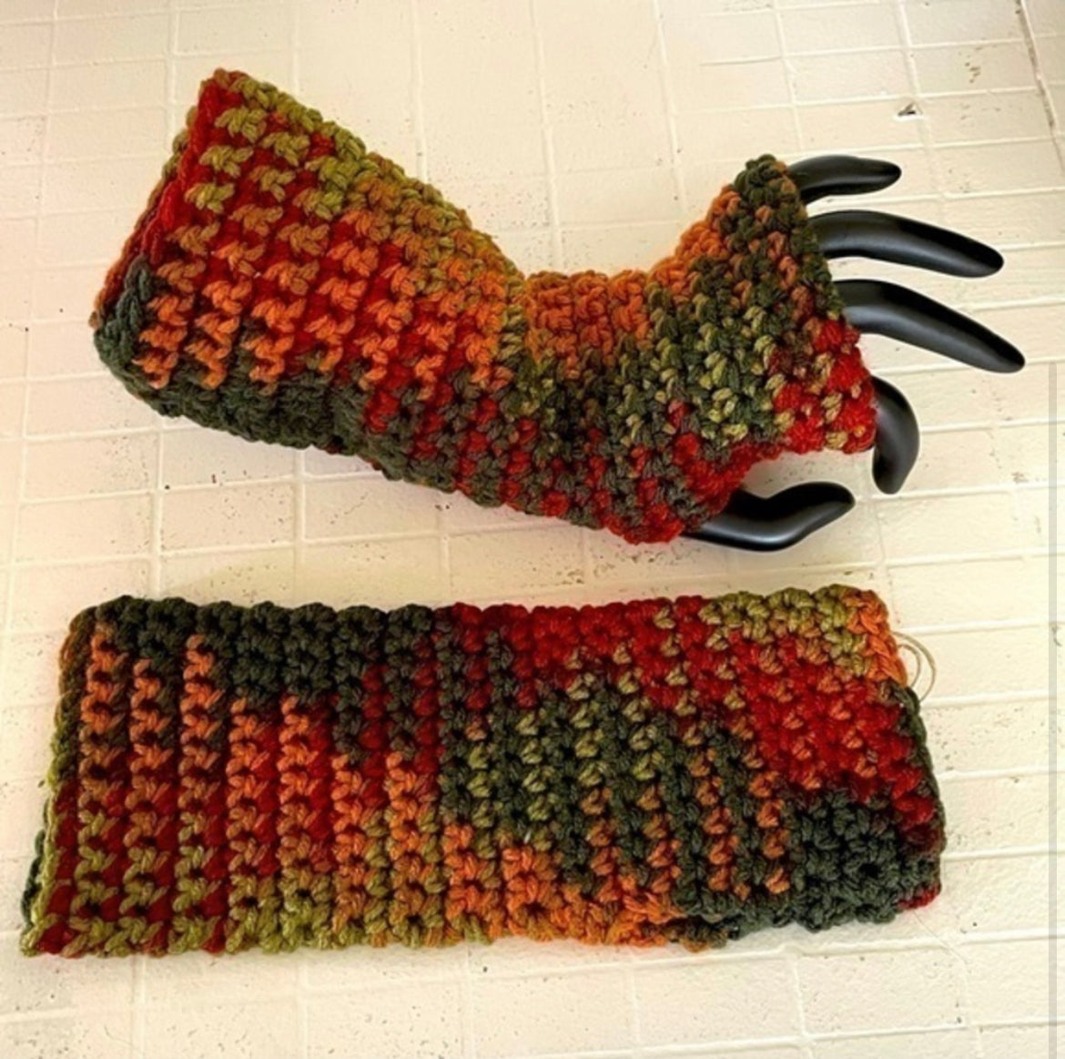 Writing Tech Fingerless Gloves Autumn Whimsy Marbled Orange Brown Green Crochet Knit Fall Winter Gaming Texting Wrist Warmers