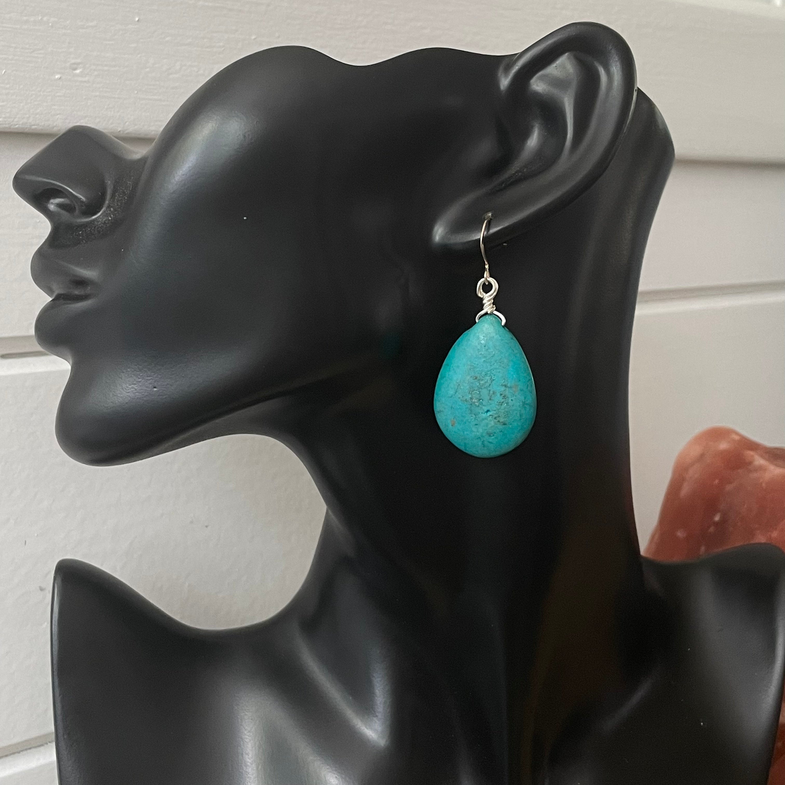 Large Turquoise Teardrop Statement Earrings 2" Boho Wrapped Wire Accent Southwestern Western Women Gift Everyday Fashion Handmade Jewelry