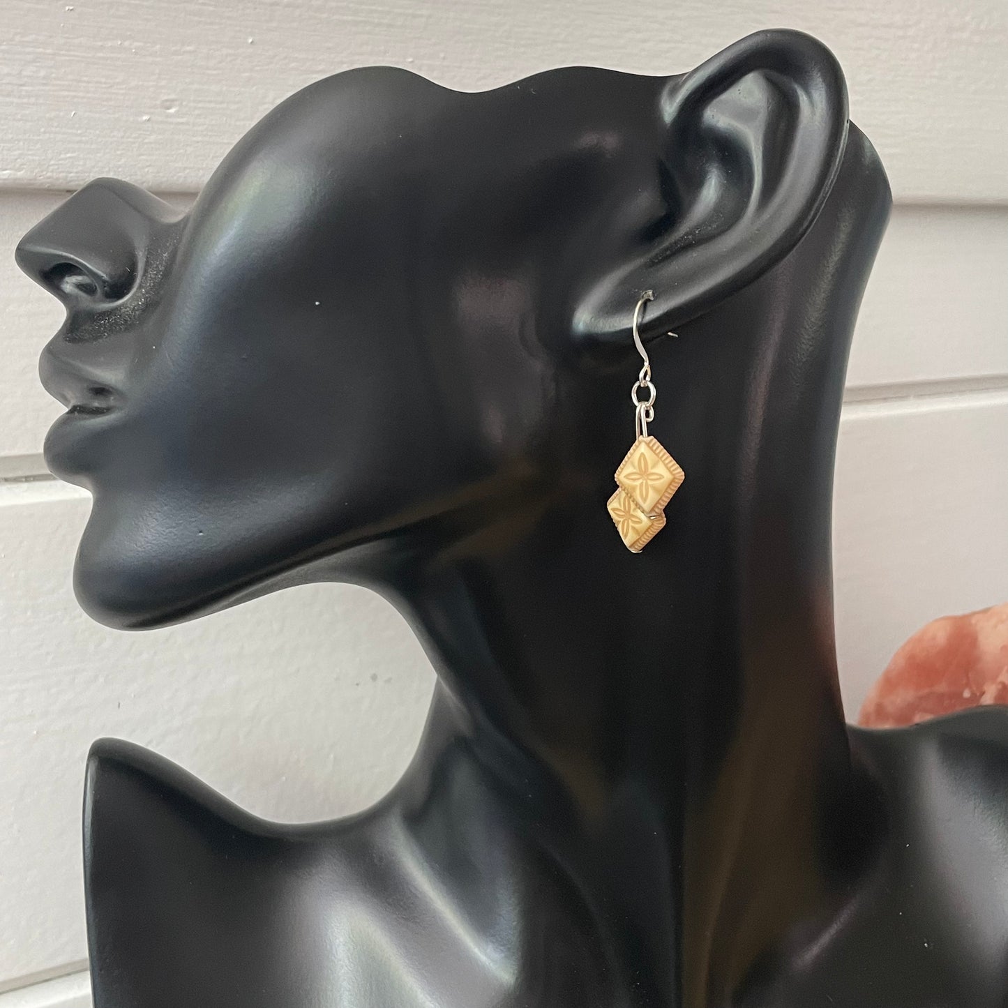Cream & Tan Acrylic Earrings 1.75" Lightweight Double Flower Coastal Resort Floral Hand Crafted