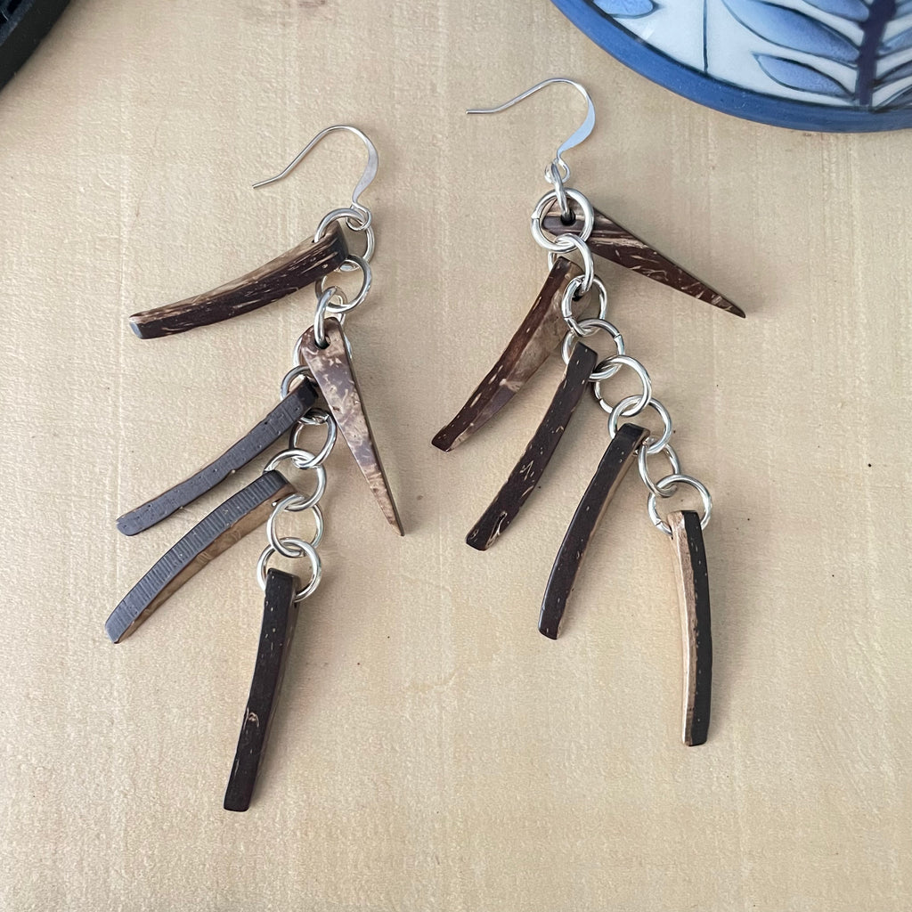 Long Dangling Coconut & Chain Link Earrings 3.5" Geometric Brown Tan Coastal Statement Resort Women Gift Everyday Fashion Handmade Jewelry