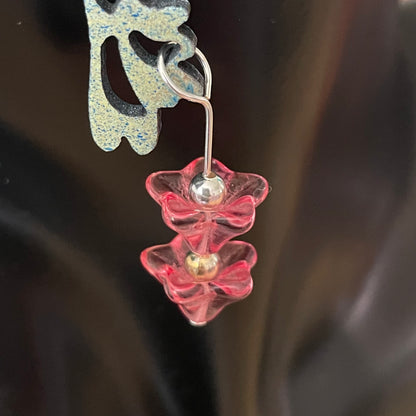 Hand Painted Hummingbird & Pink Glass Flower Statement Earrings 4" Multicolored Marbled Stamped Wood Blue Green