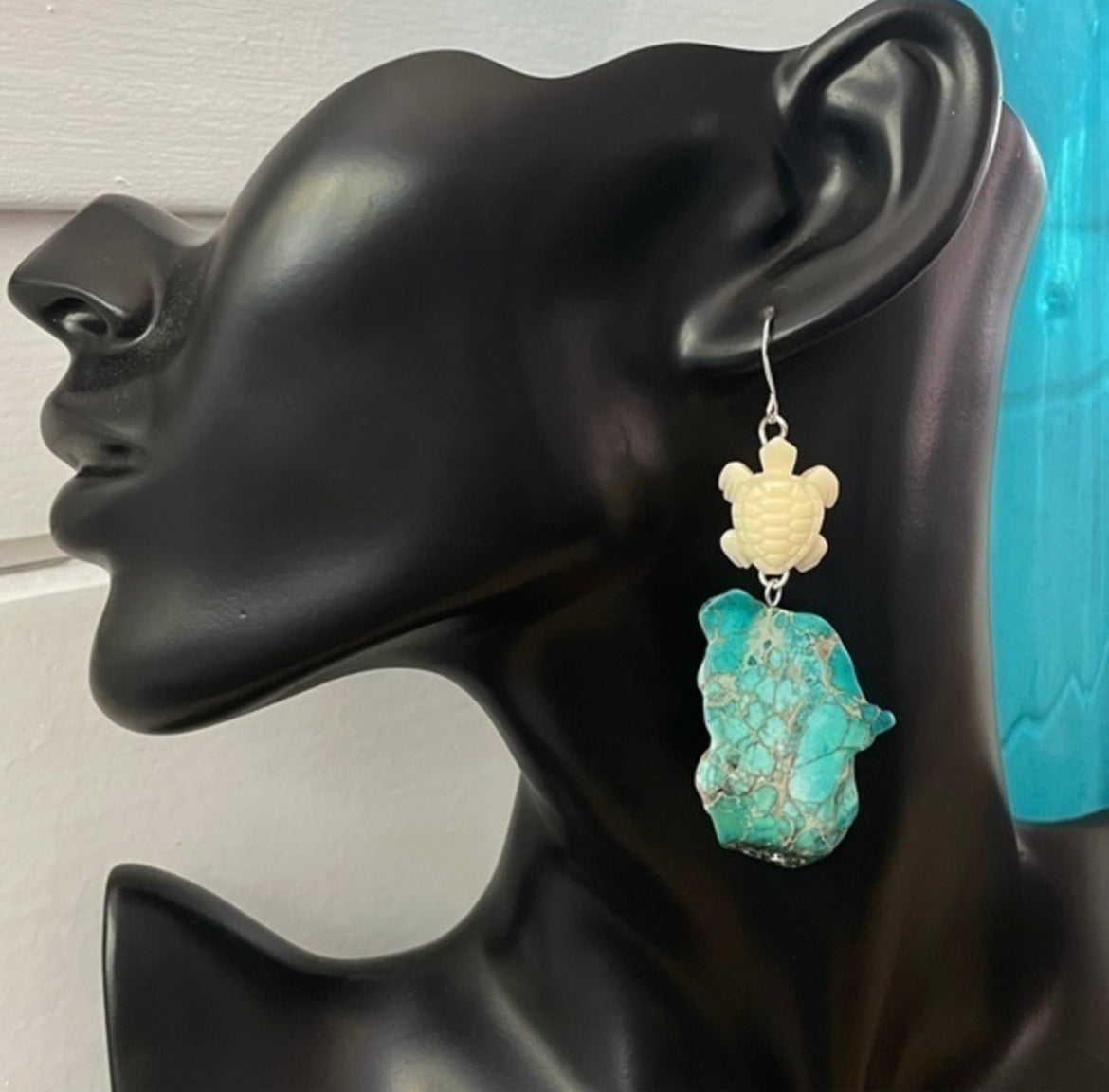 Turtle & Marbled Blue Imperial Jasper Earrings 3" Ivory Acrylic Coastal Western Statement Women Gift Everyday Fashion Handmade Jewelry