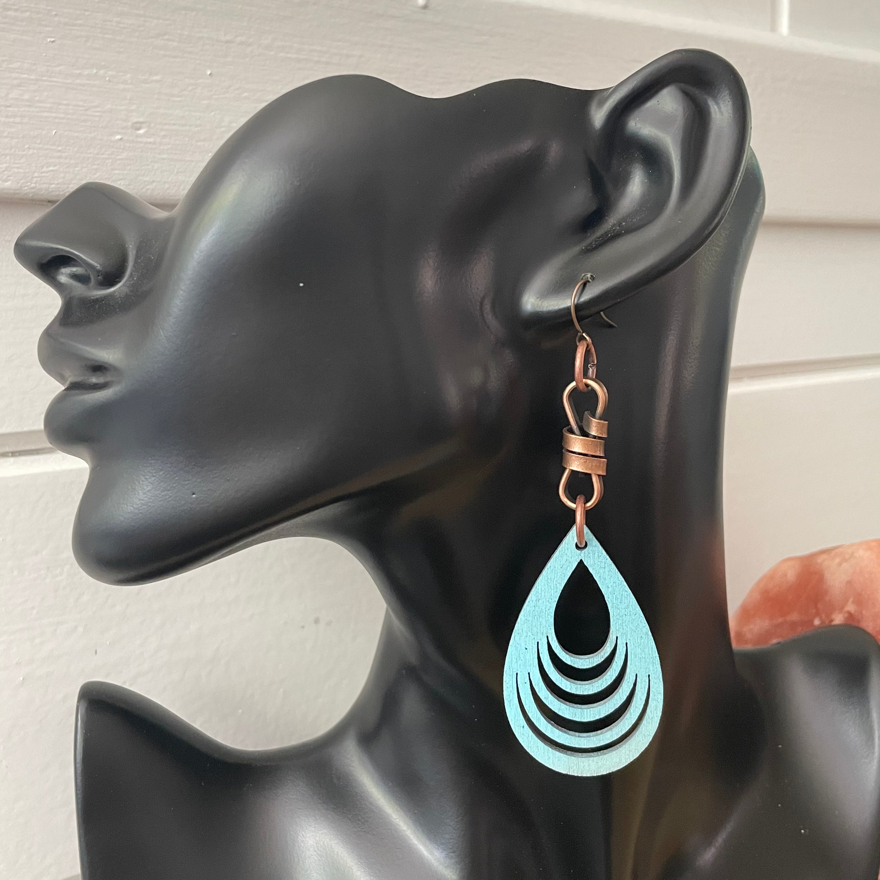 Long Copper Knot & Stamped Wood Hand Painted Teardrop Statement Earrings 3.75" Pastel Sea Blue Green Nashville Everyday Fashion Handmade Jewelry