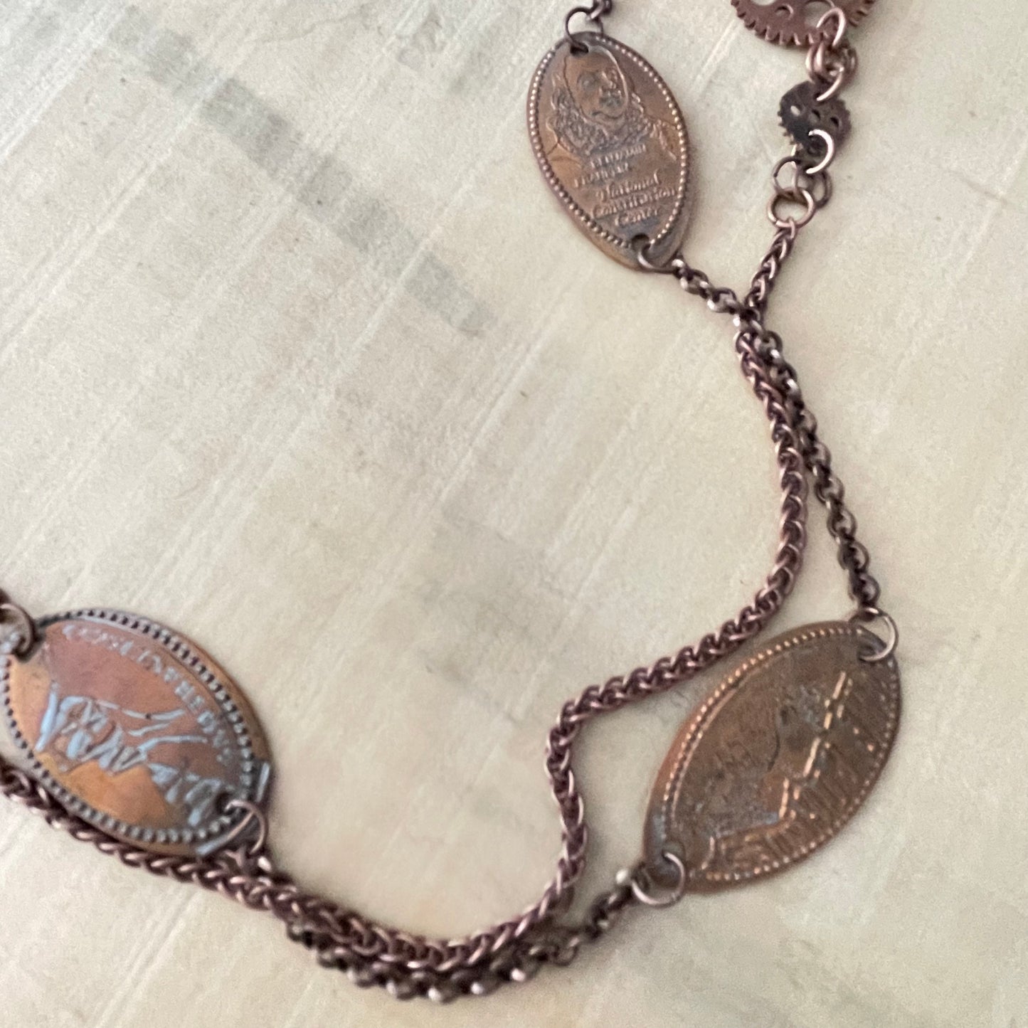 Long Flattened Penny Gear & Copper Chain Statement Necklace 28" Layered Upcycled Steampunk