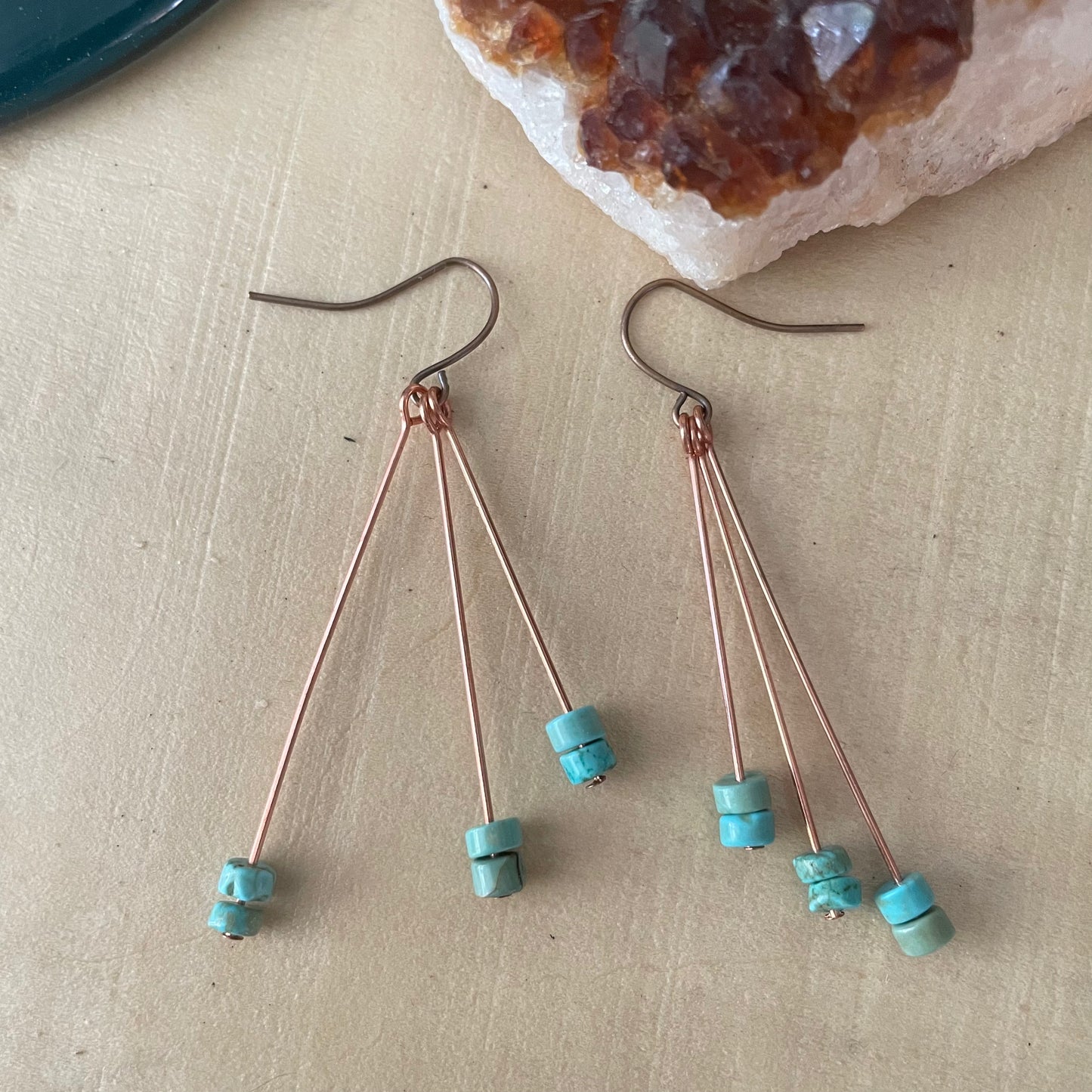 Mini Turquoise Disc & Copper Firework Dangle Earrings 2" Western Southwest Nashville