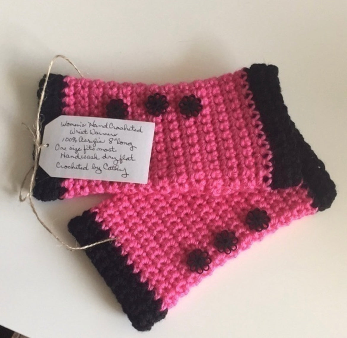 Texting Gaming Wrist Warmers Solid Hot Neon Pink Black Button & Double Trim Accent Crochet Knit Fall Winter Writing Tech Fingerless Gloves Embellished