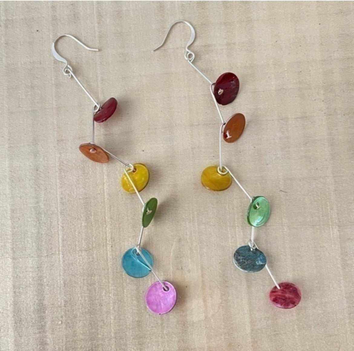 Long Rainbow Shell Dangle Earrings 4” Colorful LGBTQIA+ Geometric Angled Elegant