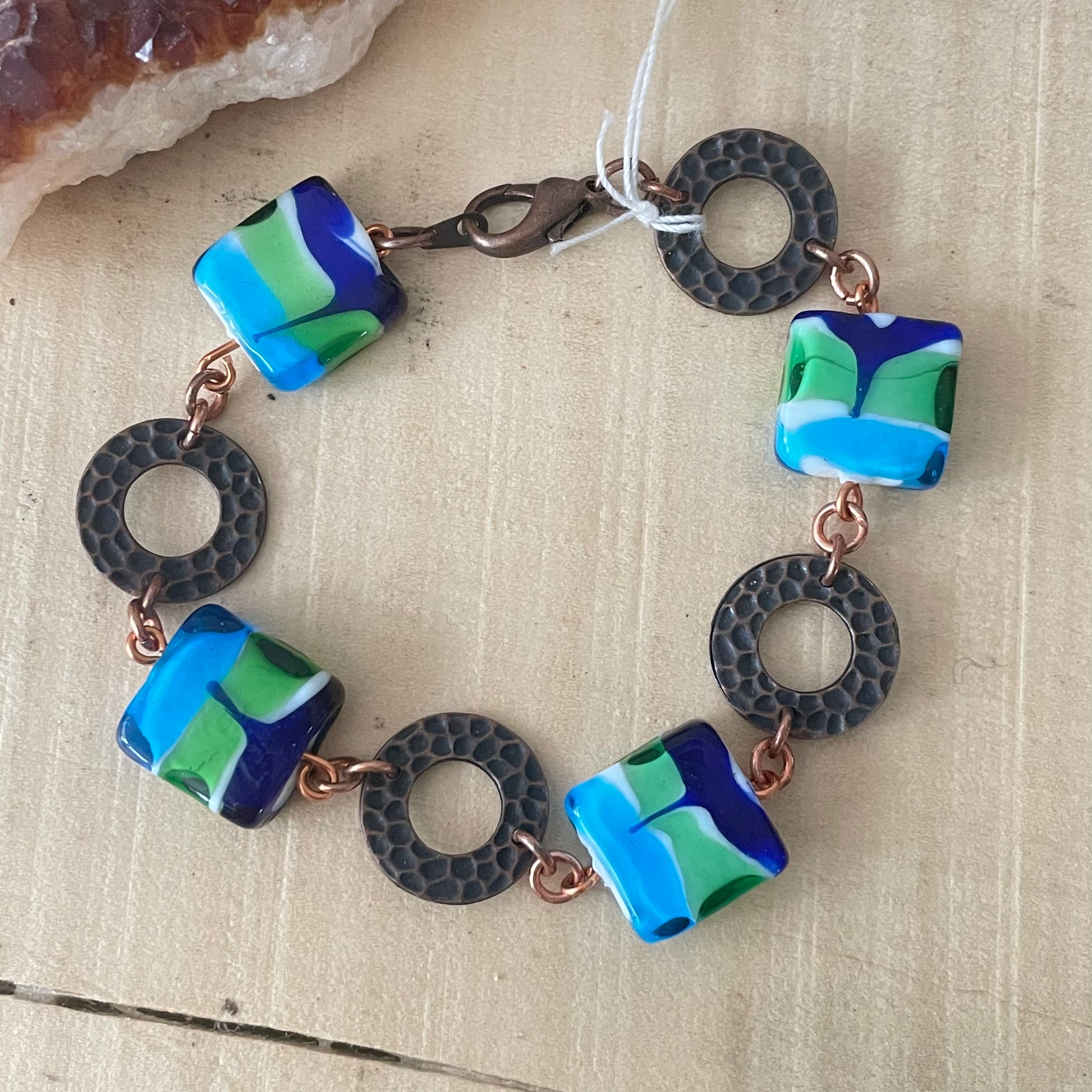 Chunky Swirled Tone Glass & Textured Copper Bracelet 8" Geometric Blue Green White Spring Summer