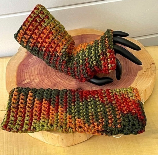 Writing Tech Fingerless Gloves Autumn Whimsy Marbled Orange Brown Green Crochet Knit Fall Winter Gaming Texting Wrist Warmers