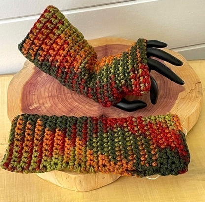 Writing Tech Fingerless Gloves Autumn Whimsy Marbled Orange Brown Green Crochet Knit Fall Winter Gaming Texting Wrist Warmers