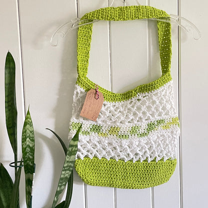 Green & White Tote Shoulder Bag Purse Cotton Reusable Boho Multicolor Hand Crocheted Knit