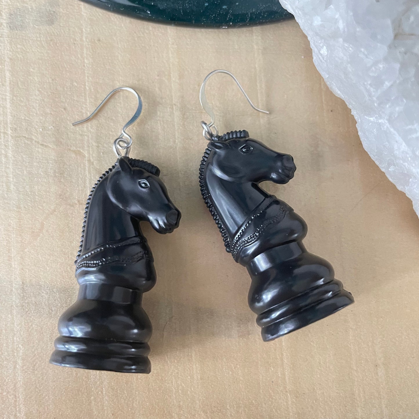 Black Chess Knight Horse Earrings 2.25”Lightweight Repurposed Upcycled