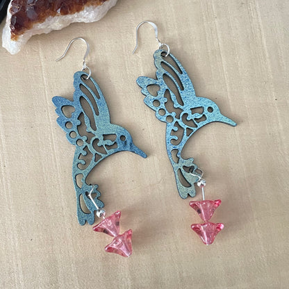 Hand Painted Hummingbird & Pink Glass Flower Statement Earrings 4" Multicolored Marbled Stamped Wood Blue Green