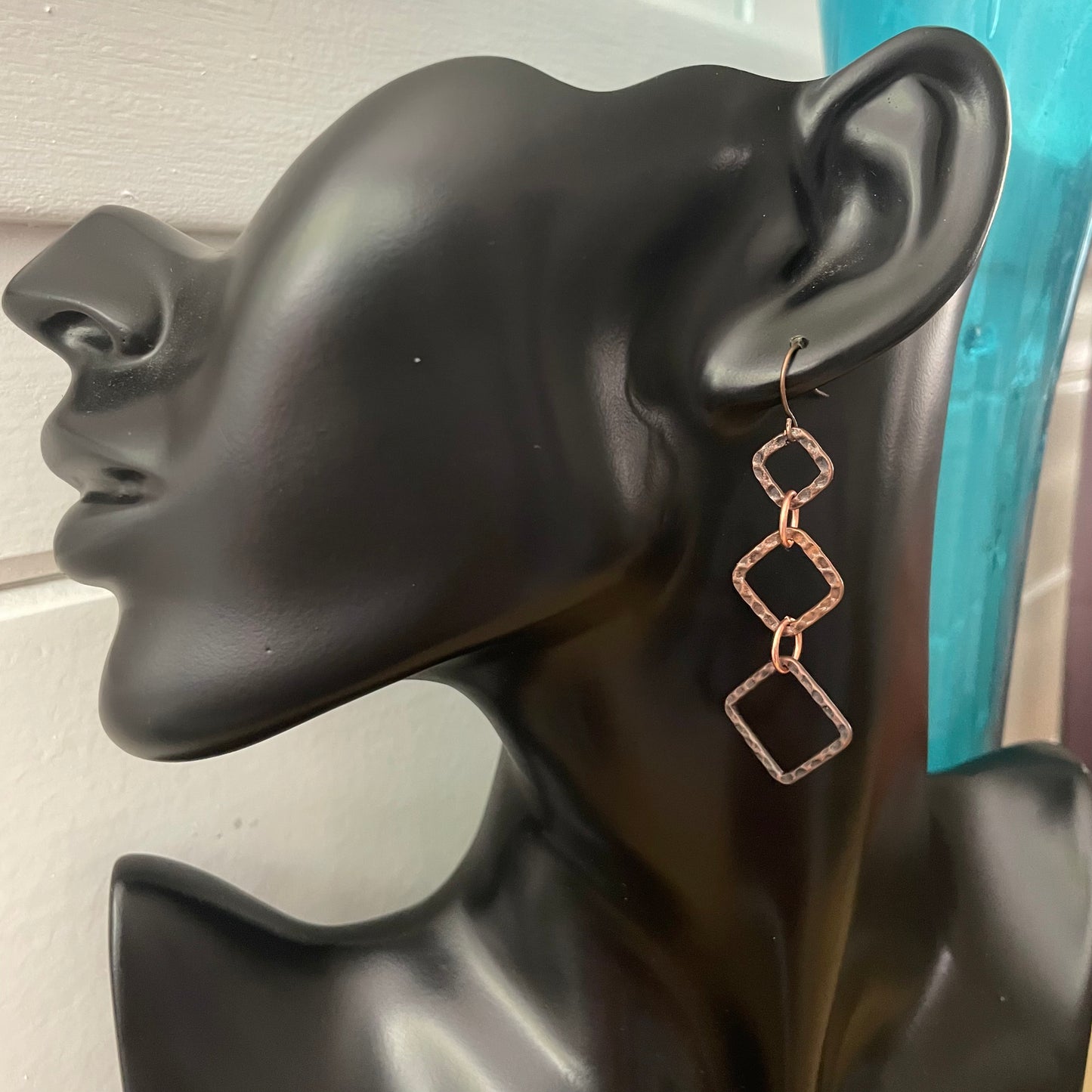 Geometric Hammered Copper Dangle Earrings 2.25” Long Textured Minimalist