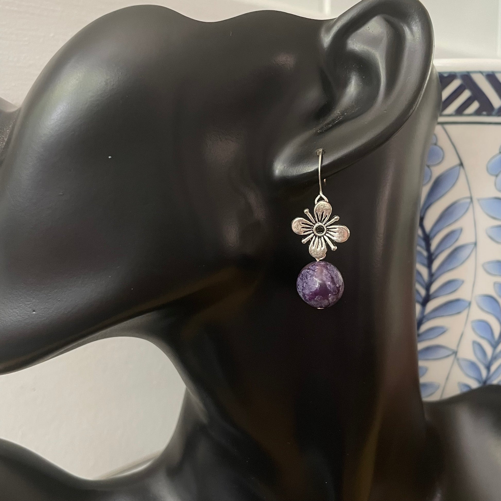 Antiqued Flower & Dark Purple Marbled Jasper Drop Earrings 1.5" against solid black model form