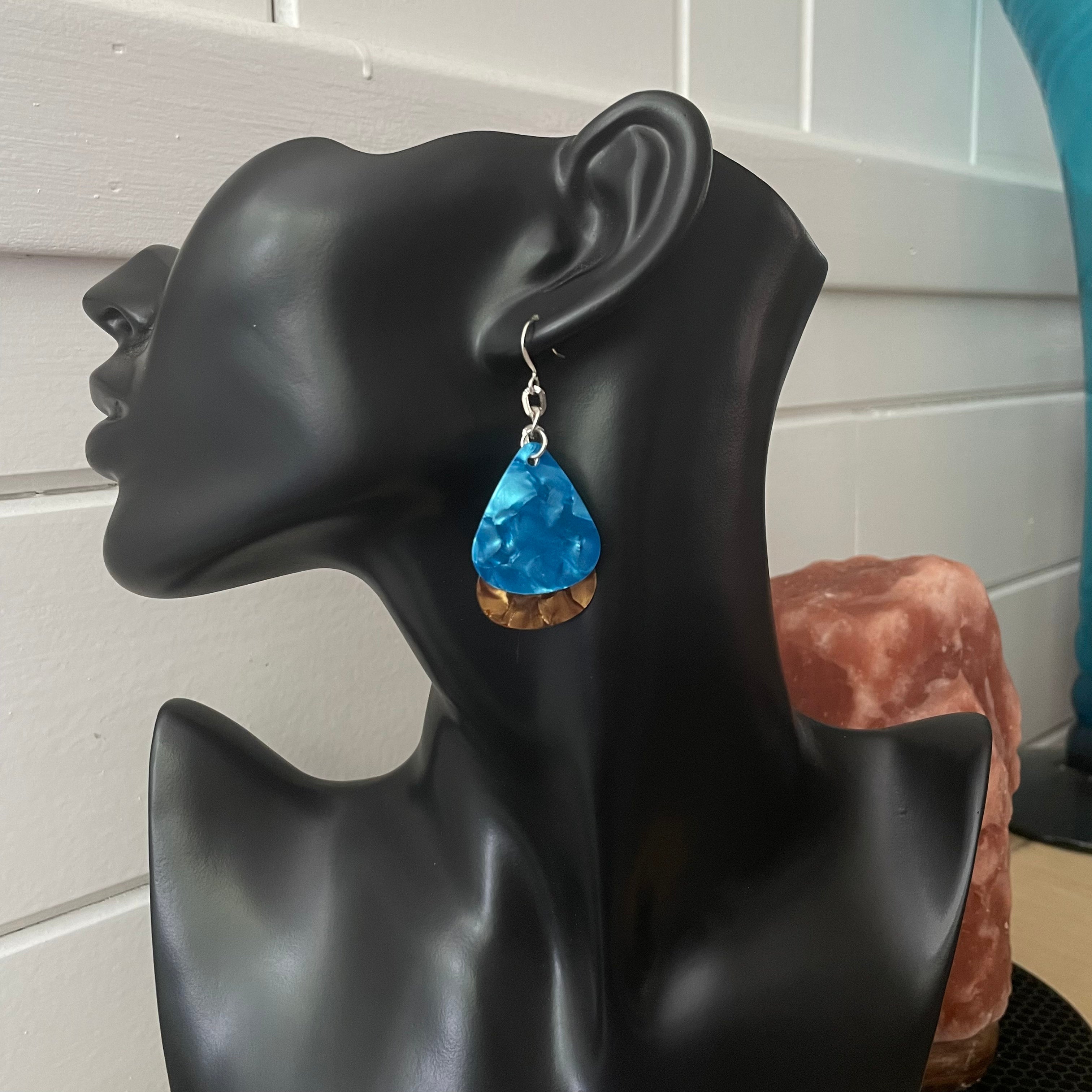 Dangling Guitar Pick Statement Earrings 2.25" Blue & Gold Nashville Musician Lightweight