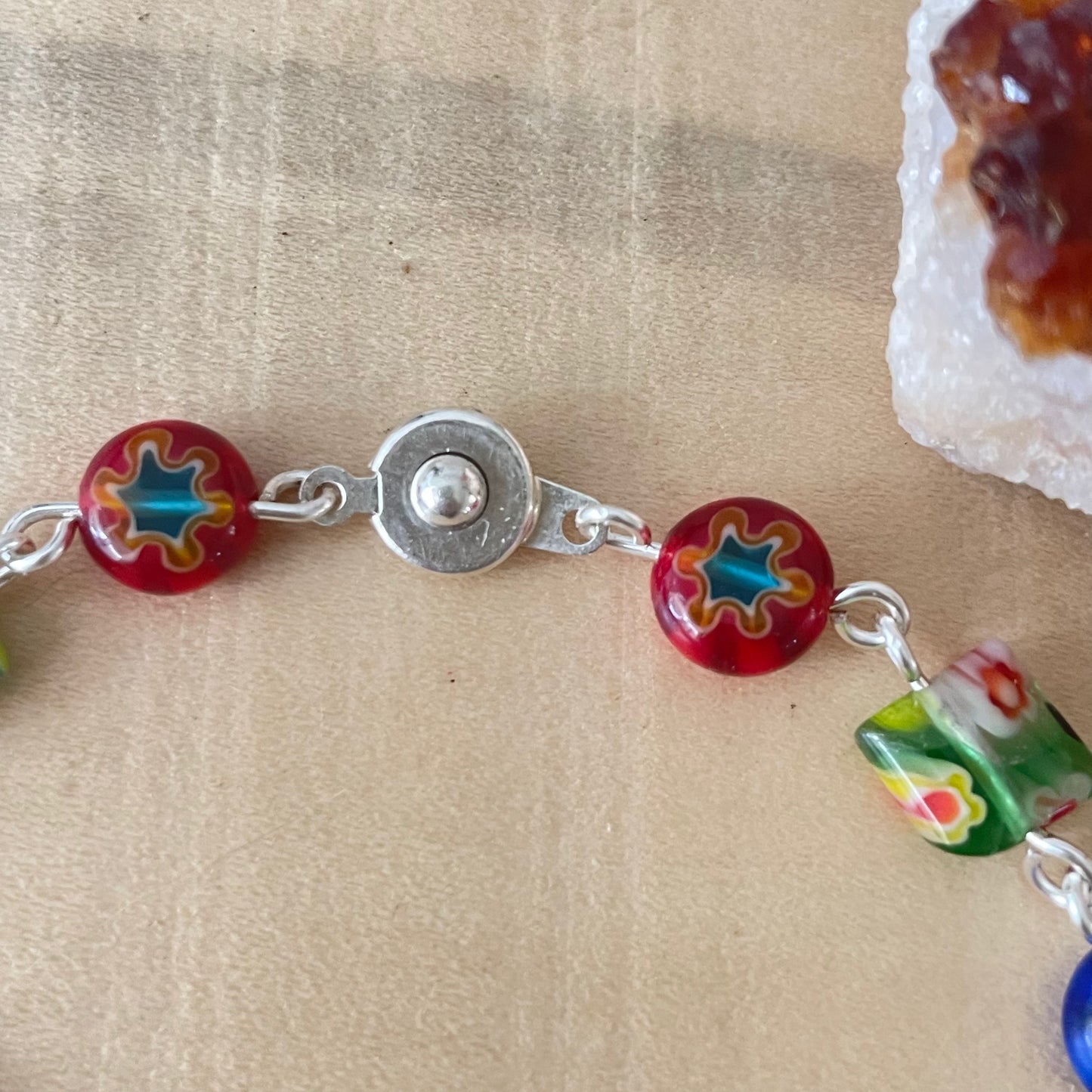 Colorful Millefiori Glass Flower Bracelet 7.5" Chunky Spring Summer Floral Boho Purple Green Blue Red Yellow