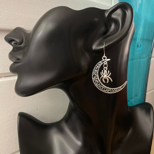 Mixed Metal Spider & Moon Dangle Earrings 2” Goth Halloween