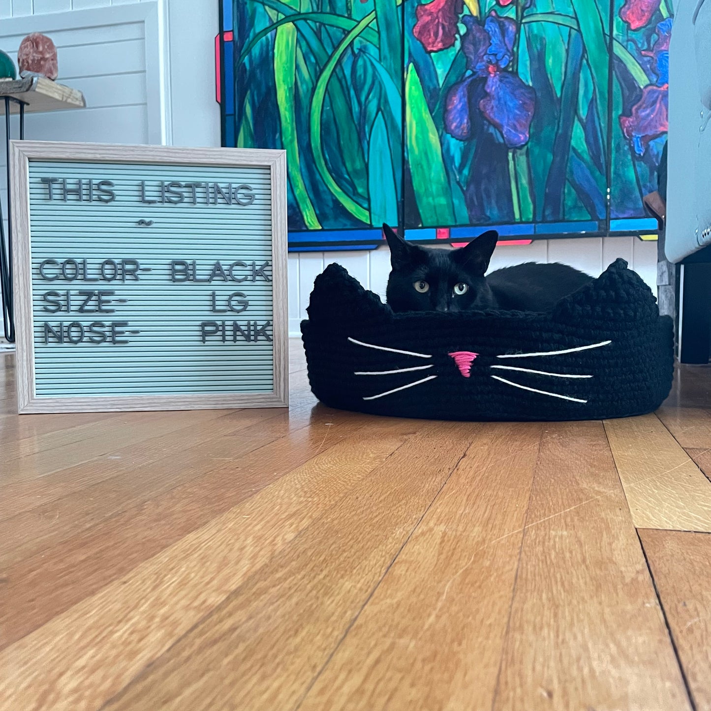 Large Cat Bed in Black & Pink Nose 16" Hand Crocheted Pet Furbaby Gift Cat Mom Dad