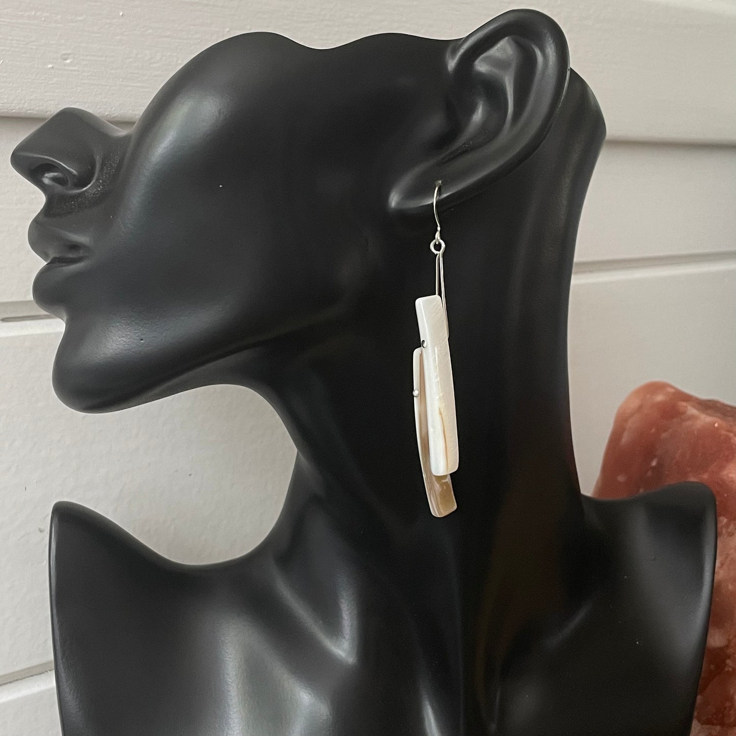 Long Ivory Shell Dangle Earrings 3.25" Iridescent Coastal Beach Resort Cream